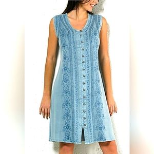 Blue embroidered sleeveless dress with tie back